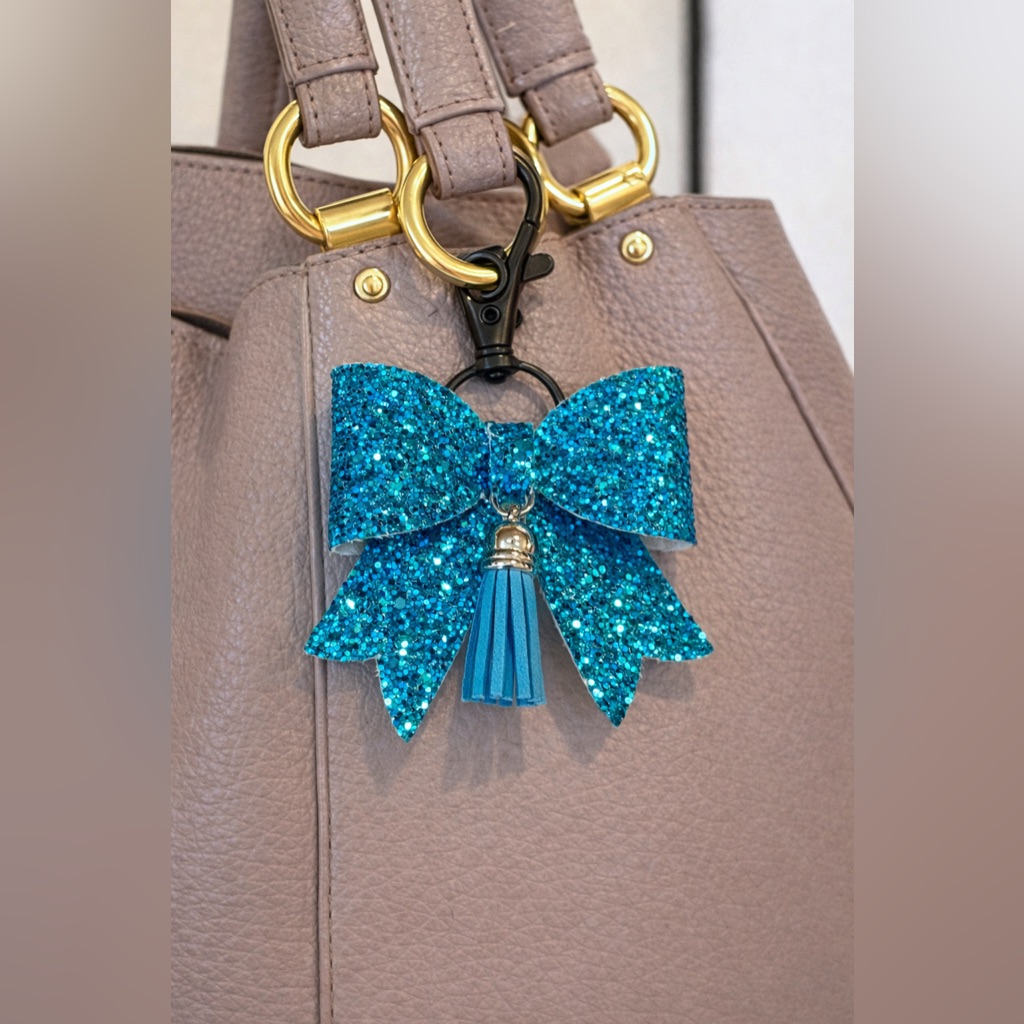 Teal Glitter And Tassel Bag Charm Key Chain